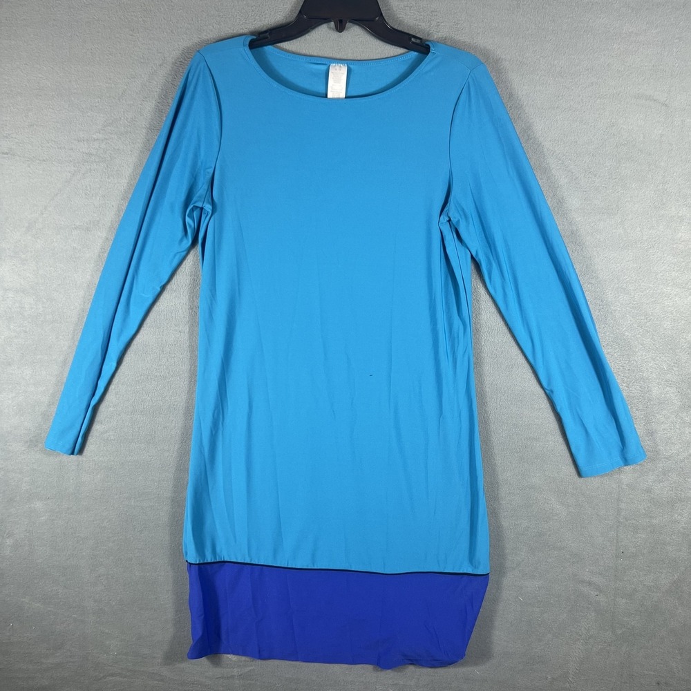 Women's M Pullover Shift Dress Aqua Blue Royal Blue Long Sleeve Stretch Knit